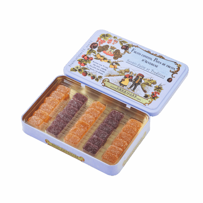 DEMI-BOÎTE MÉTAL MAUVE – PÂTES DE FRUITS « MINI CRUZ »